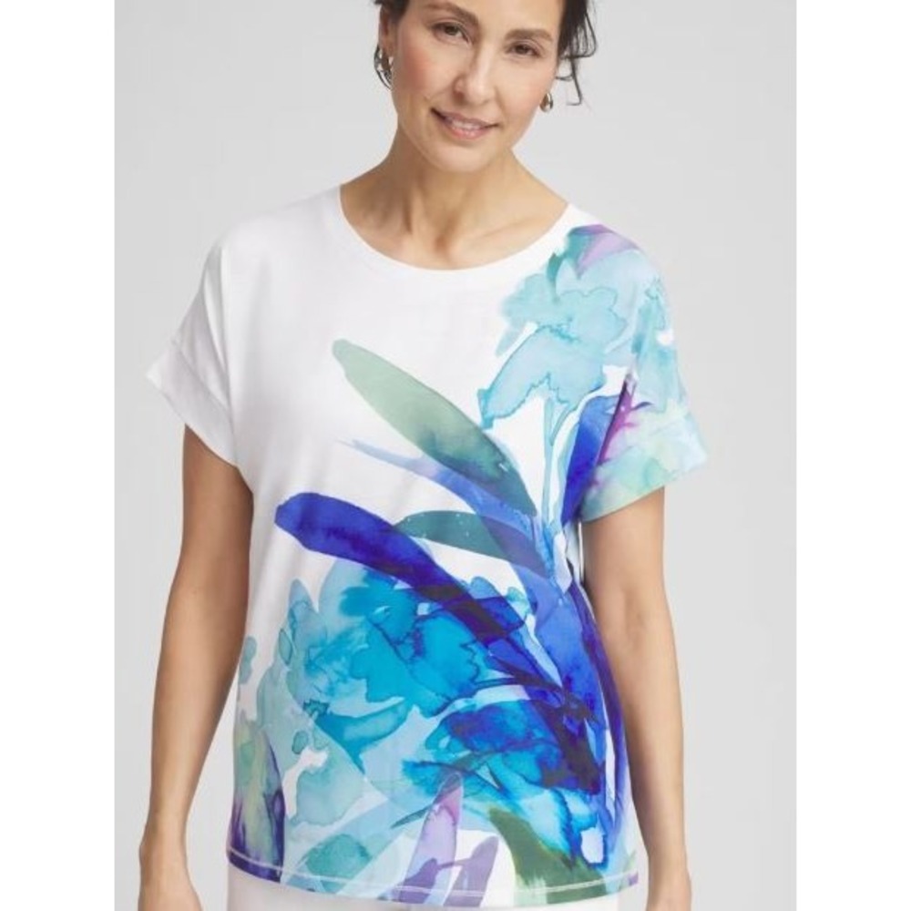 Chico's Sz 3 US XL Tee T-Shirt White Watercolor Crew Neck Art to Wear Vacation